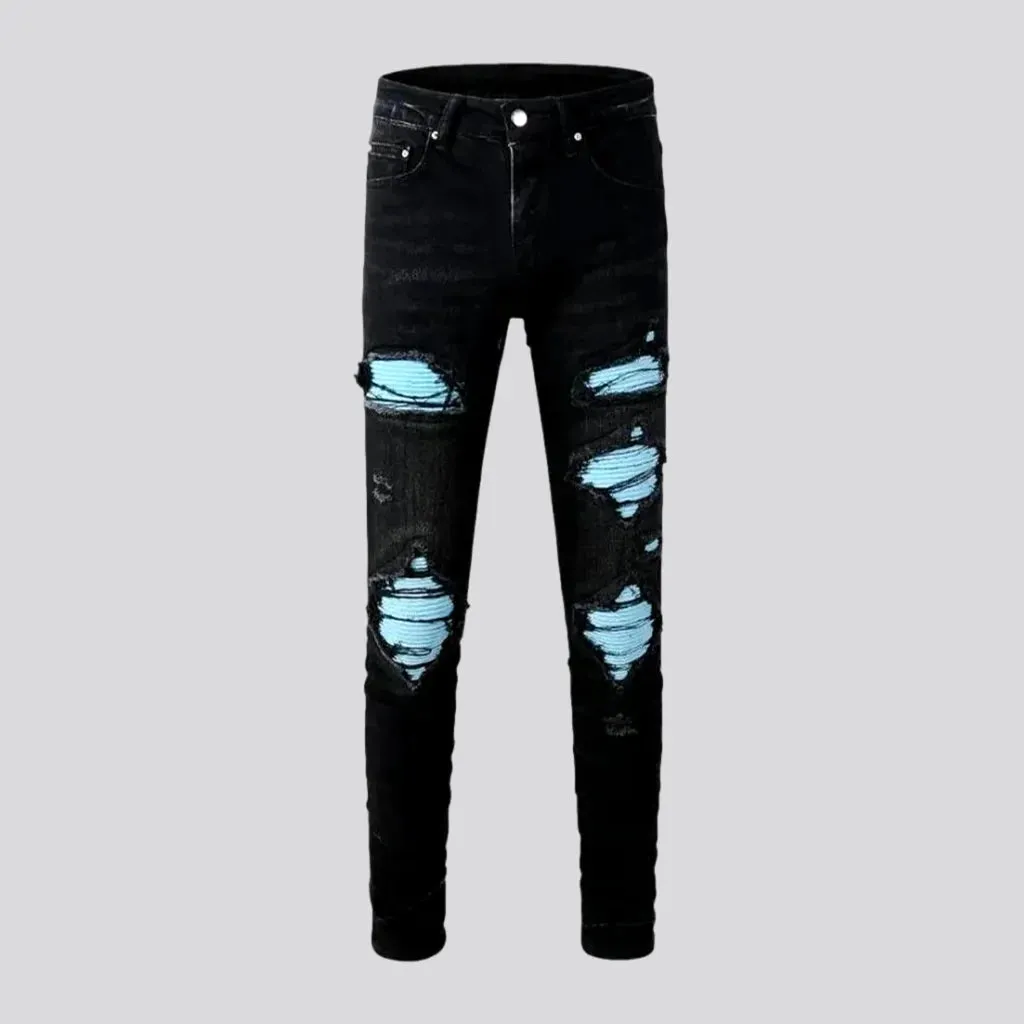 Skinny distressed patchwork motorcycle men's jeans