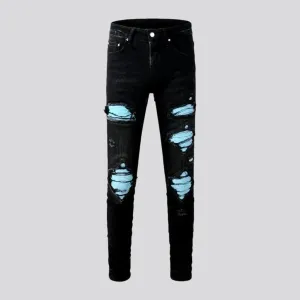 Skinny distressed patchwork motorcycle men's jeans