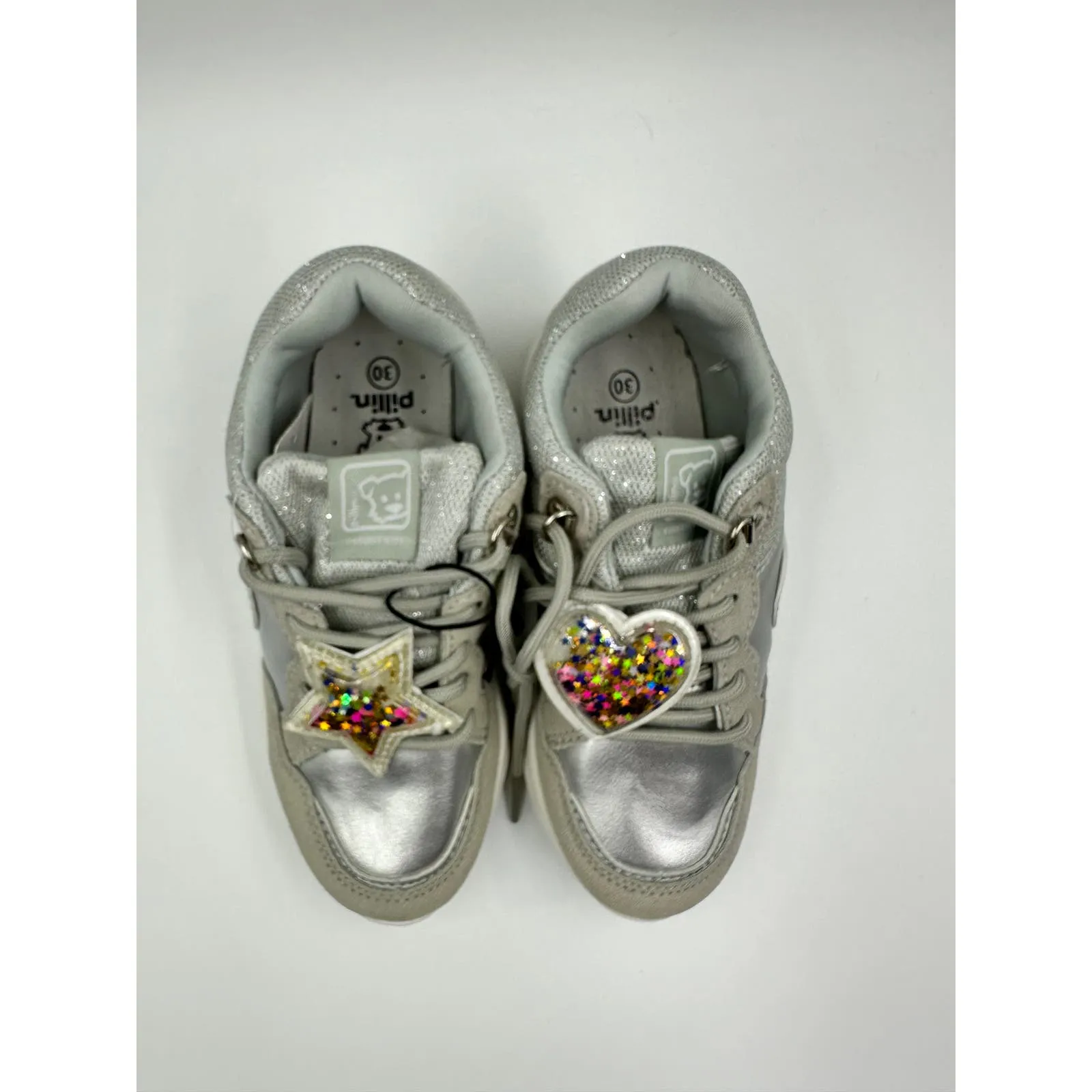 Small Kid Size 13, Silver Sneaker w/ Sparkles, Gray Suede Trim & Star Charm