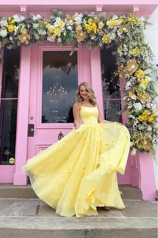 Straps Tulle Bodice 3D Flowers With Back Lace Up Yellow Long Prom Dress PSK198