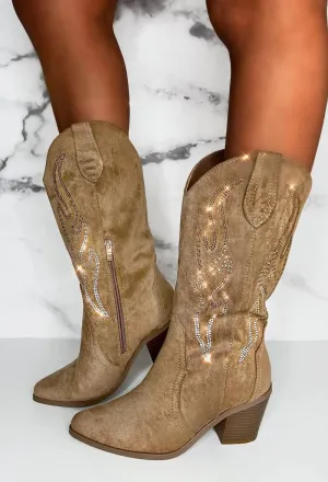 The Best Vibe Tan Diamond Embellished Cowboy Boots Limited Edition