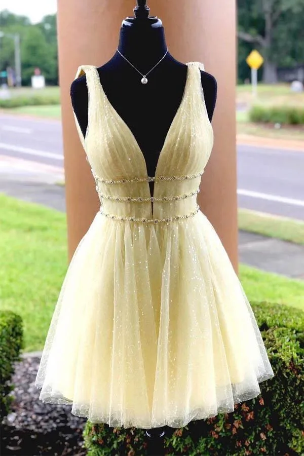 V-Neck Sparkling Beading Sky Blue Short Prom Dress Homecoming Dress  PD316