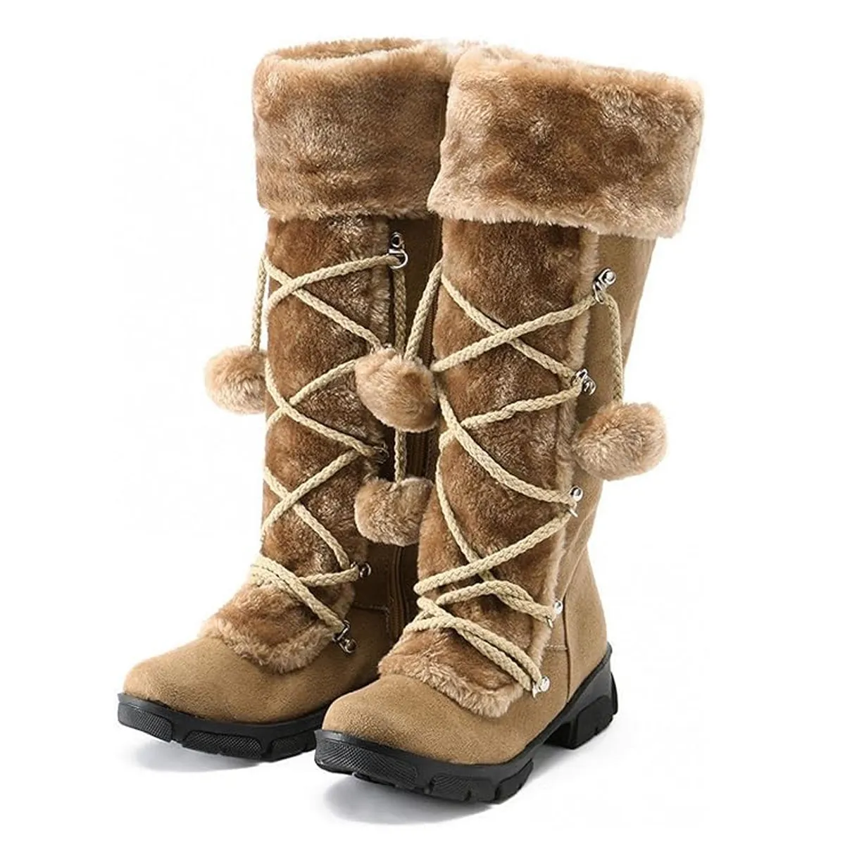 Winter warm lined knee high boots anti-skid lace-up