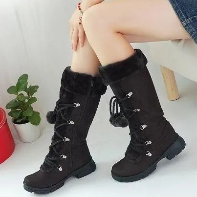Winter warm lined knee high boots anti-skid lace-up