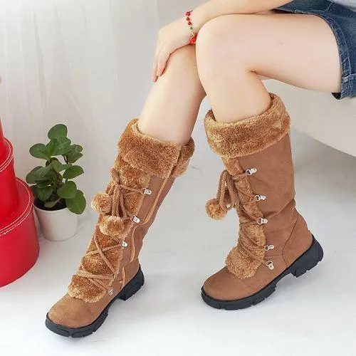 Winter warm lined knee high boots anti-skid lace-up