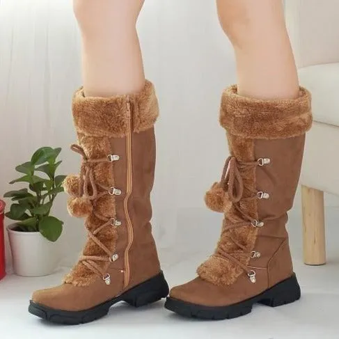 Winter warm lined knee high boots anti-skid lace-up