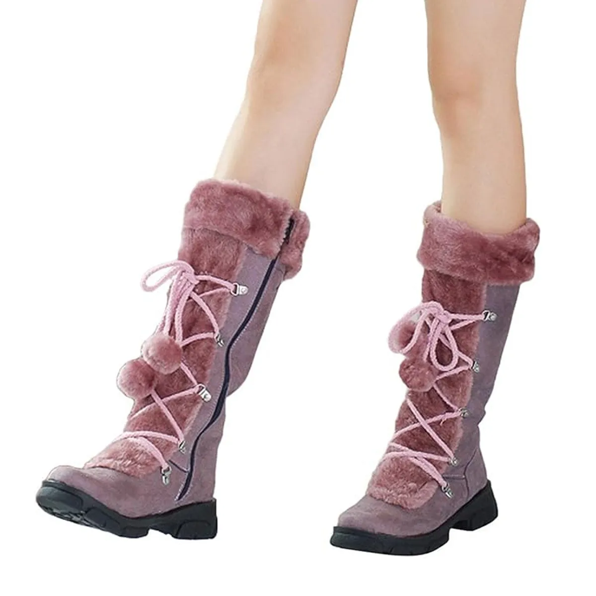 Winter warm lined knee high boots anti-skid lace-up
