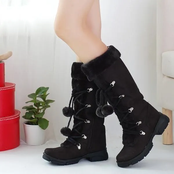 Winter warm lined knee high boots anti-skid lace-up