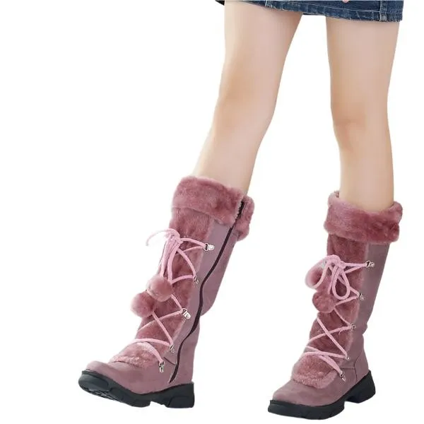 Winter warm lined knee high boots anti-skid lace-up