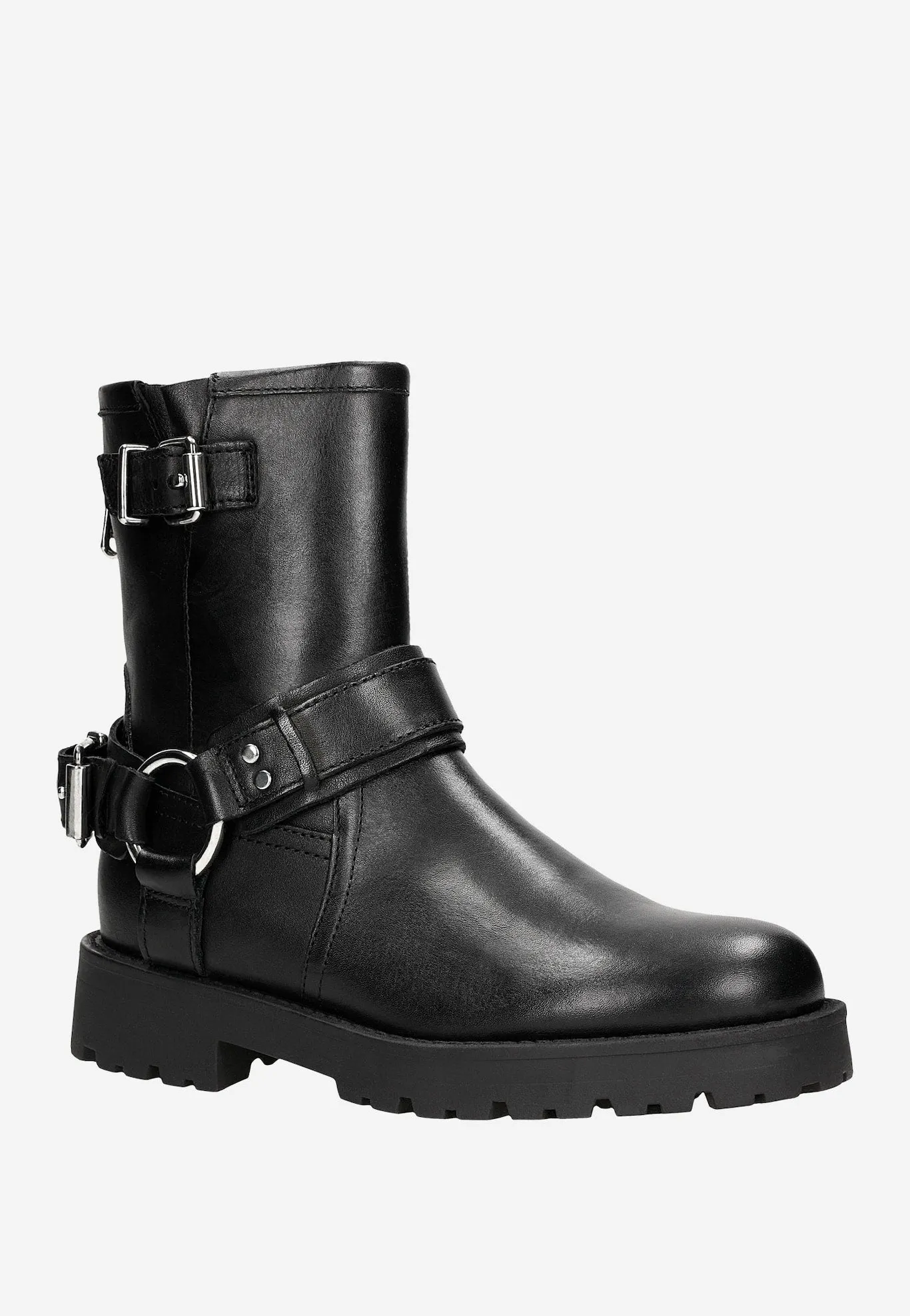 Wojas Black Leather Biker Boots with Silver Buckles | 5523851