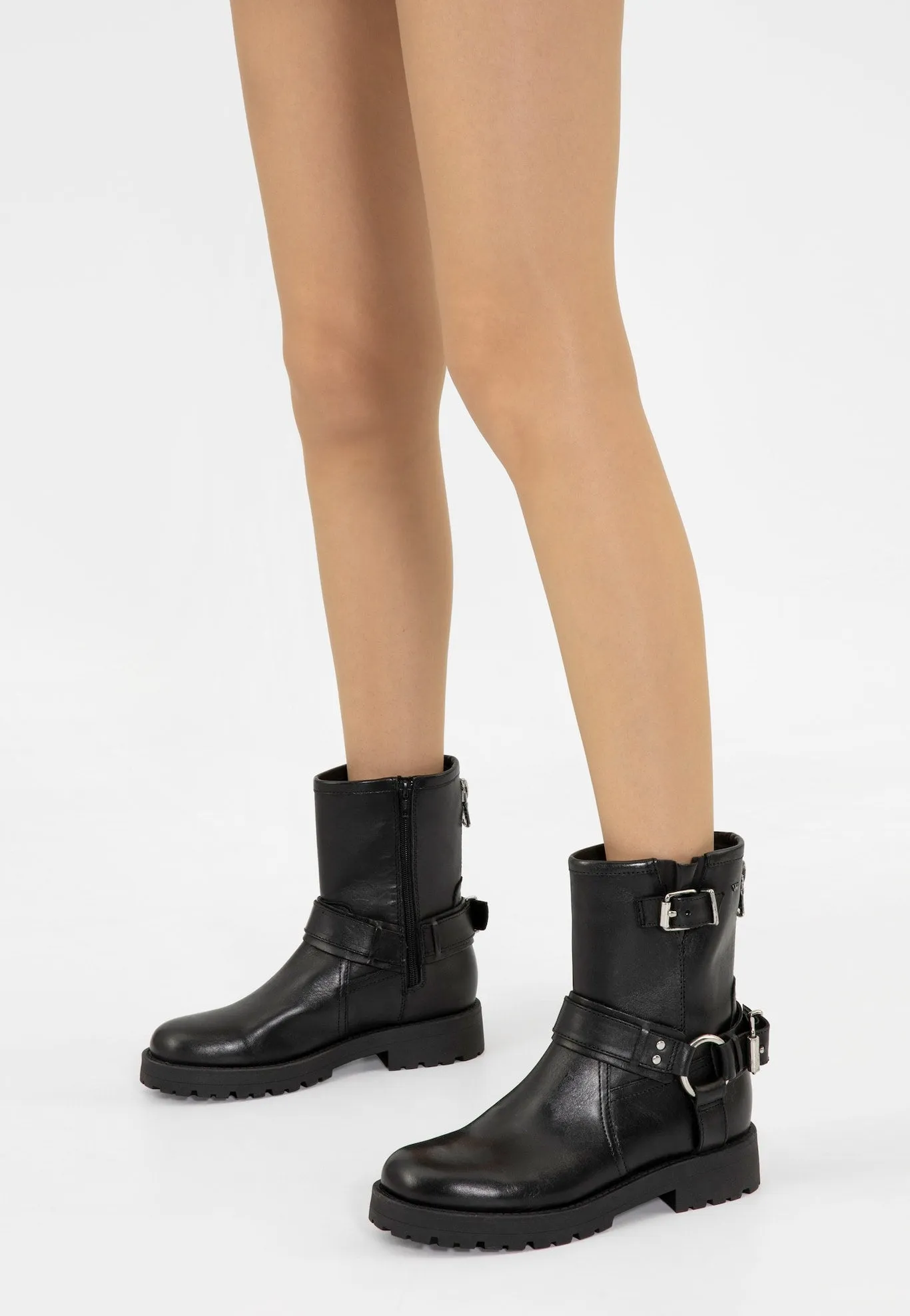 Wojas Black Leather Biker Boots with Silver Buckles | 5523851