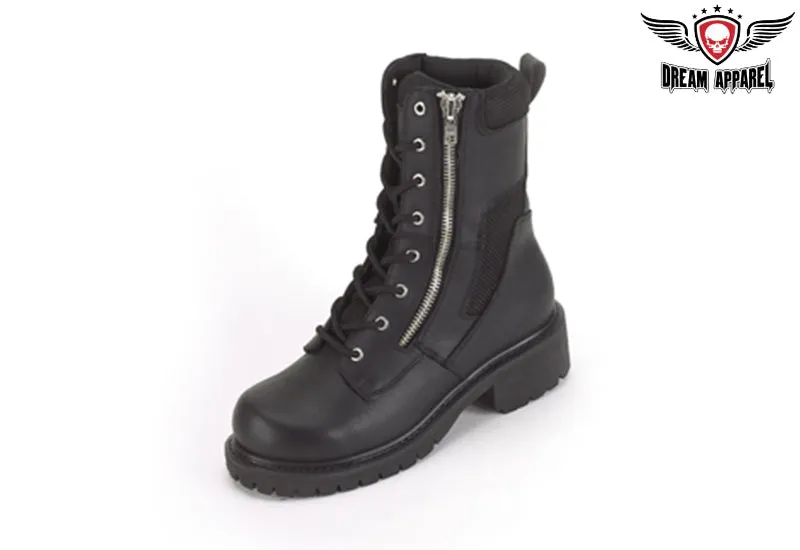 Womens Biker Boots With Lace Up Front & Side Zipper