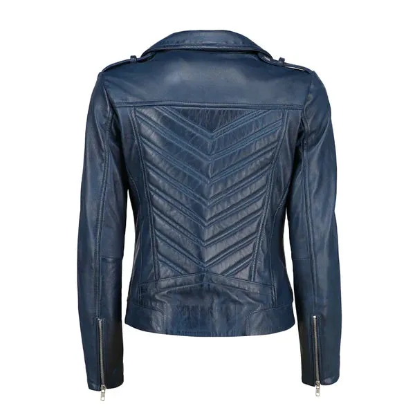 Women's Blue Zip-Up Handwaxed Moto Jacket