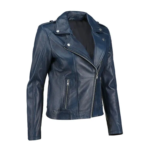 Women's Blue Zip-Up Handwaxed Moto Jacket