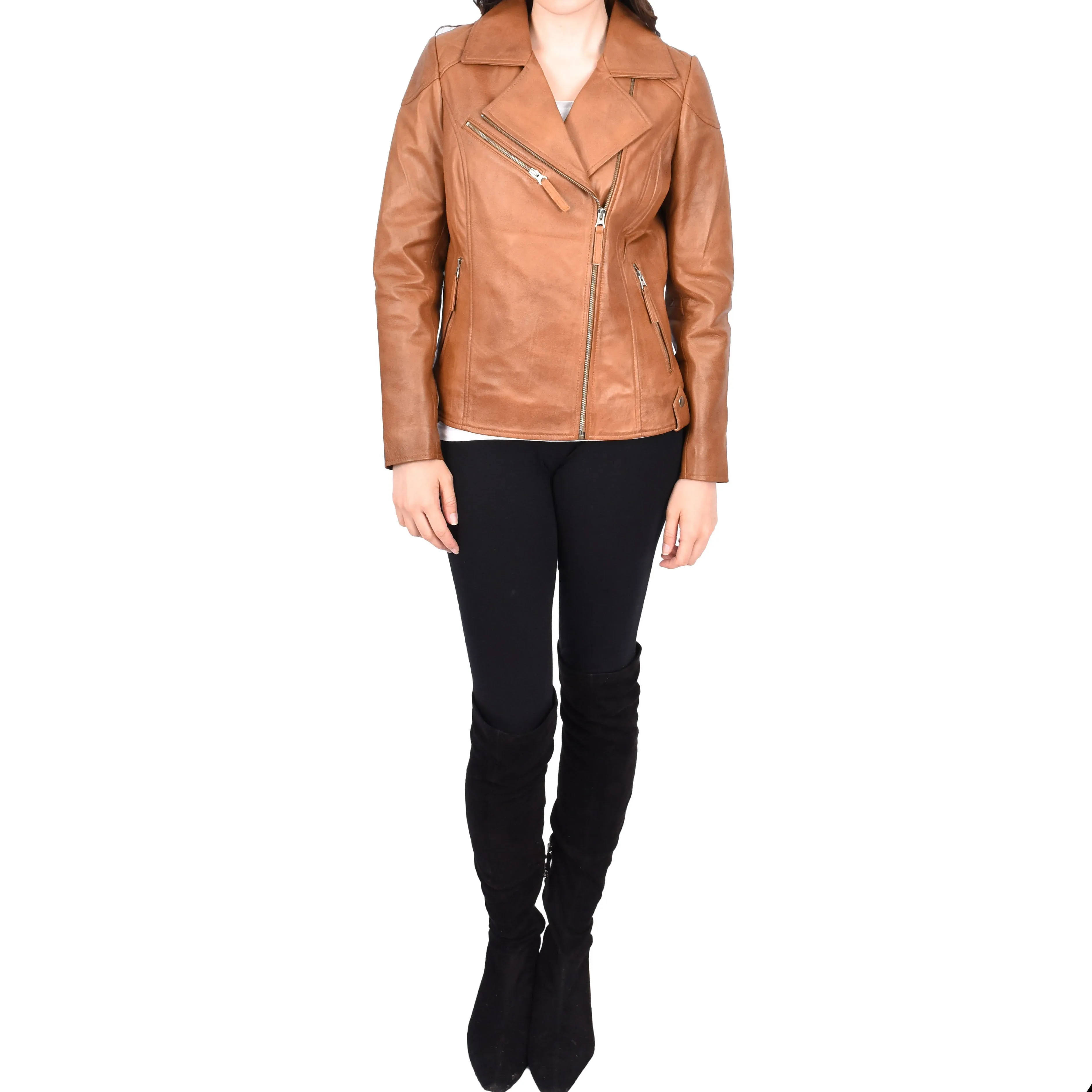 Womens Leather Biker Jacket Cross Zip Style Mona Tan